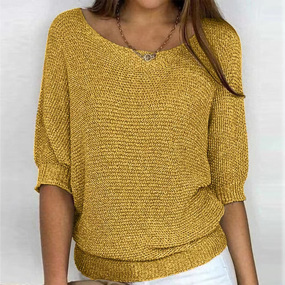 Comfortable Ribbed Knit Sweater for Women with Boat Neck Half Sleeve Batwing Relaxed Style