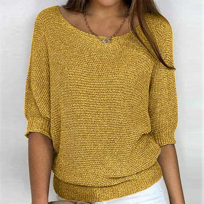 Comfortable Ribbed Knit Sweater for Women with Boat Neck Half Sleeve Batwing Relaxed Style