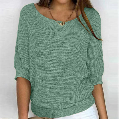Comfortable Ribbed Knit Sweater for Women with Boat Neck Half Sleeve Batwing Relaxed Style