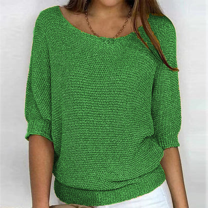 Comfortable Ribbed Knit Sweater for Women with Boat Neck Half Sleeve Batwing Relaxed Style