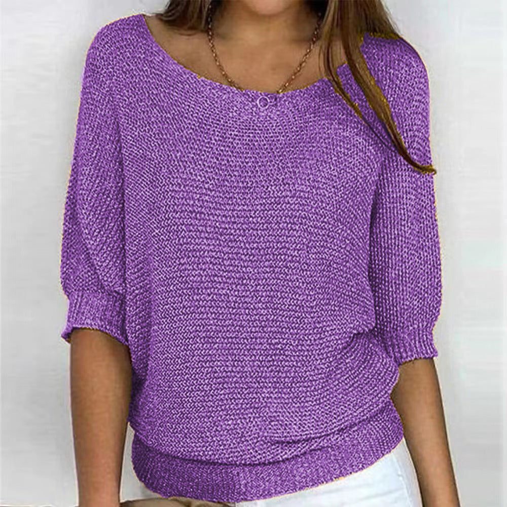 Comfortable Ribbed Knit Sweater for Women with Boat Neck Half Sleeve Batwing Relaxed Style