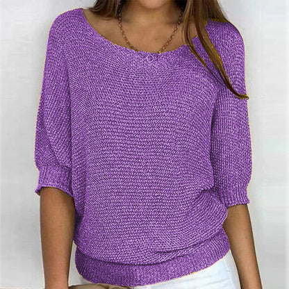 Comfortable Ribbed Knit Sweater for Women with Boat Neck Half Sleeve Batwing Relaxed Style