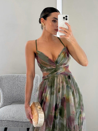 Elegant Watercolor Floral Maxi Dress for Women with V Neck Spaghetti Strap Crisscross Waist Wedding Guest Style