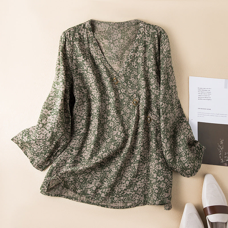 Effortless Printed Linen Blouse for Women with V Neck Bell Sleeve High Low Boho Style
