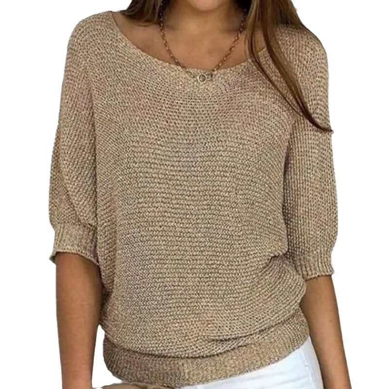 Comfortable Ribbed Knit Sweater for Women with Boat Neck Half Sleeve Batwing Relaxed Style
