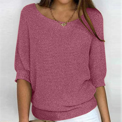 Comfortable Ribbed Knit Sweater for Women with Boat Neck Half Sleeve Batwing Relaxed Style