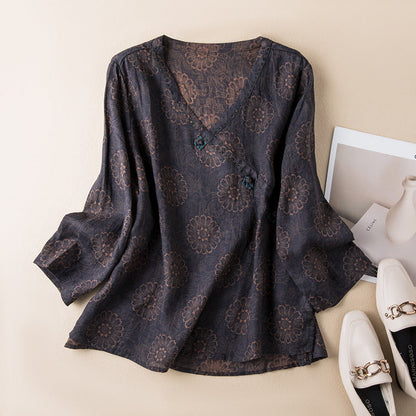 Effortless Printed Linen Blouse for Women with V Neck Bell Sleeve High Low Boho Style