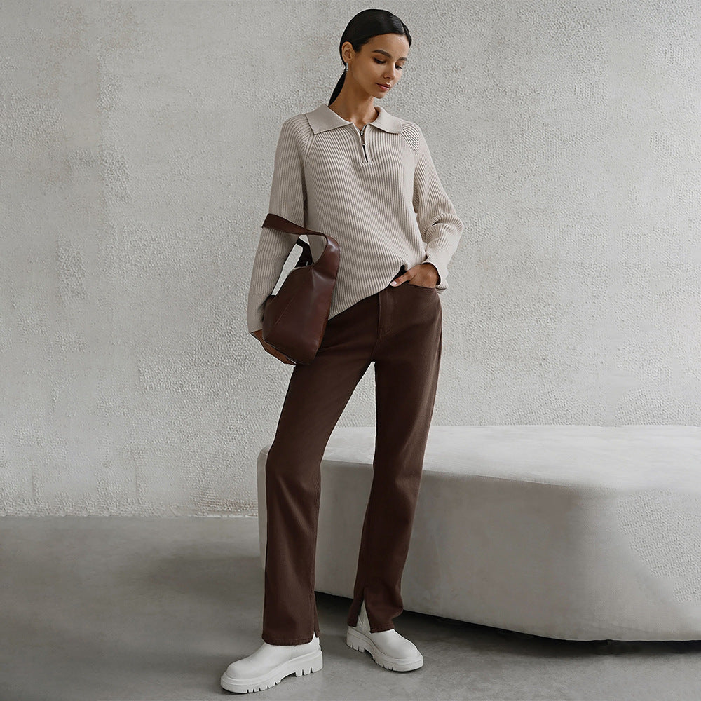 Comfortable Ribbed Sweater for Women with Collared Long Sleeve Half Zip Relaxed Oversized Knit Style