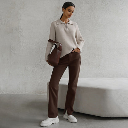 Comfortable Ribbed Sweater for Women with Collared Long Sleeve Half Zip Relaxed Oversized Knit Style