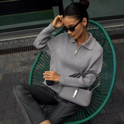 Comfortable Ribbed Sweater for Women with Collared Long Sleeve Half Zip Relaxed Oversized Knit Style