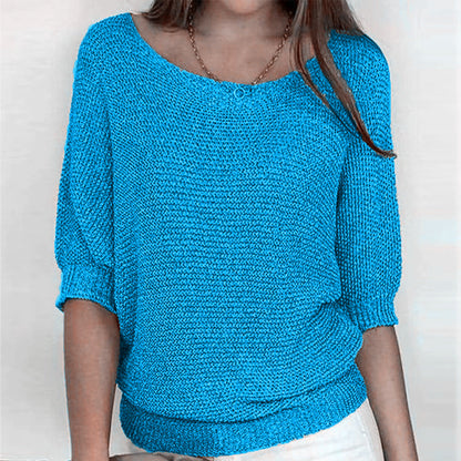Comfortable Ribbed Knit Sweater for Women with Boat Neck Half Sleeve Batwing Relaxed Style
