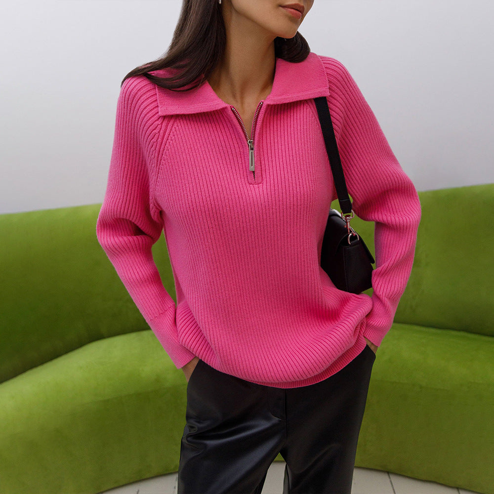 Comfortable Ribbed Sweater for Women with Collared Long Sleeve Half Zip Relaxed Oversized Knit Style
