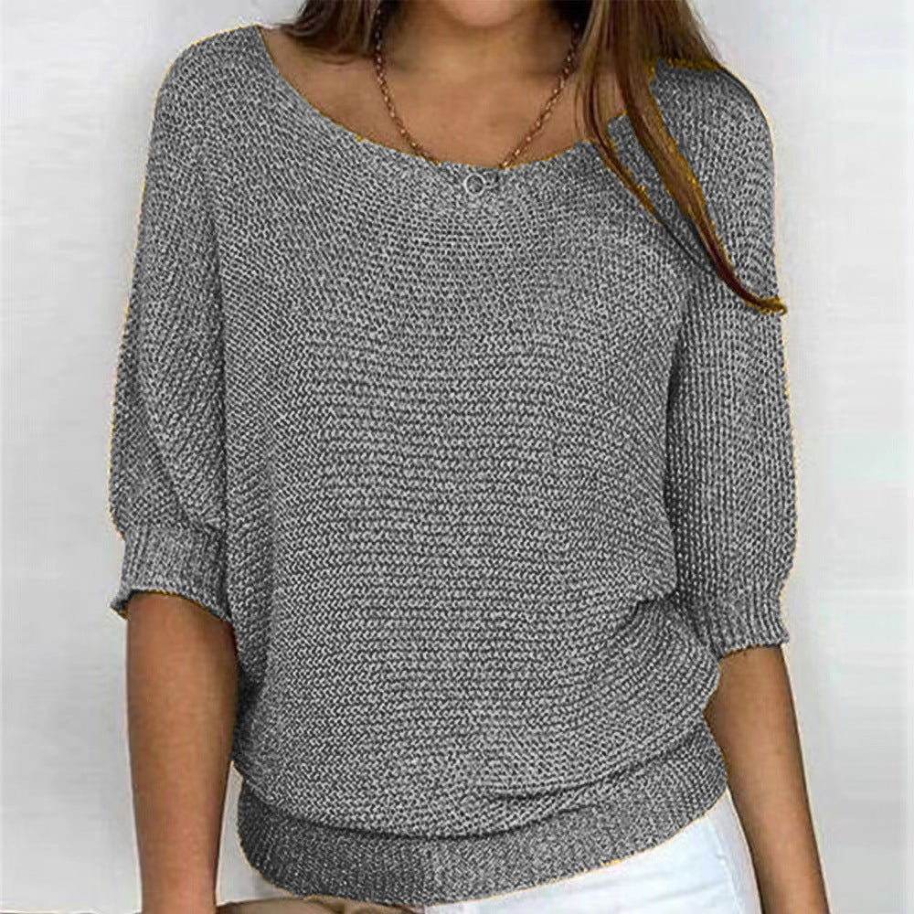Comfortable Ribbed Knit Sweater for Women with Boat Neck Half Sleeve Batwing Relaxed Style