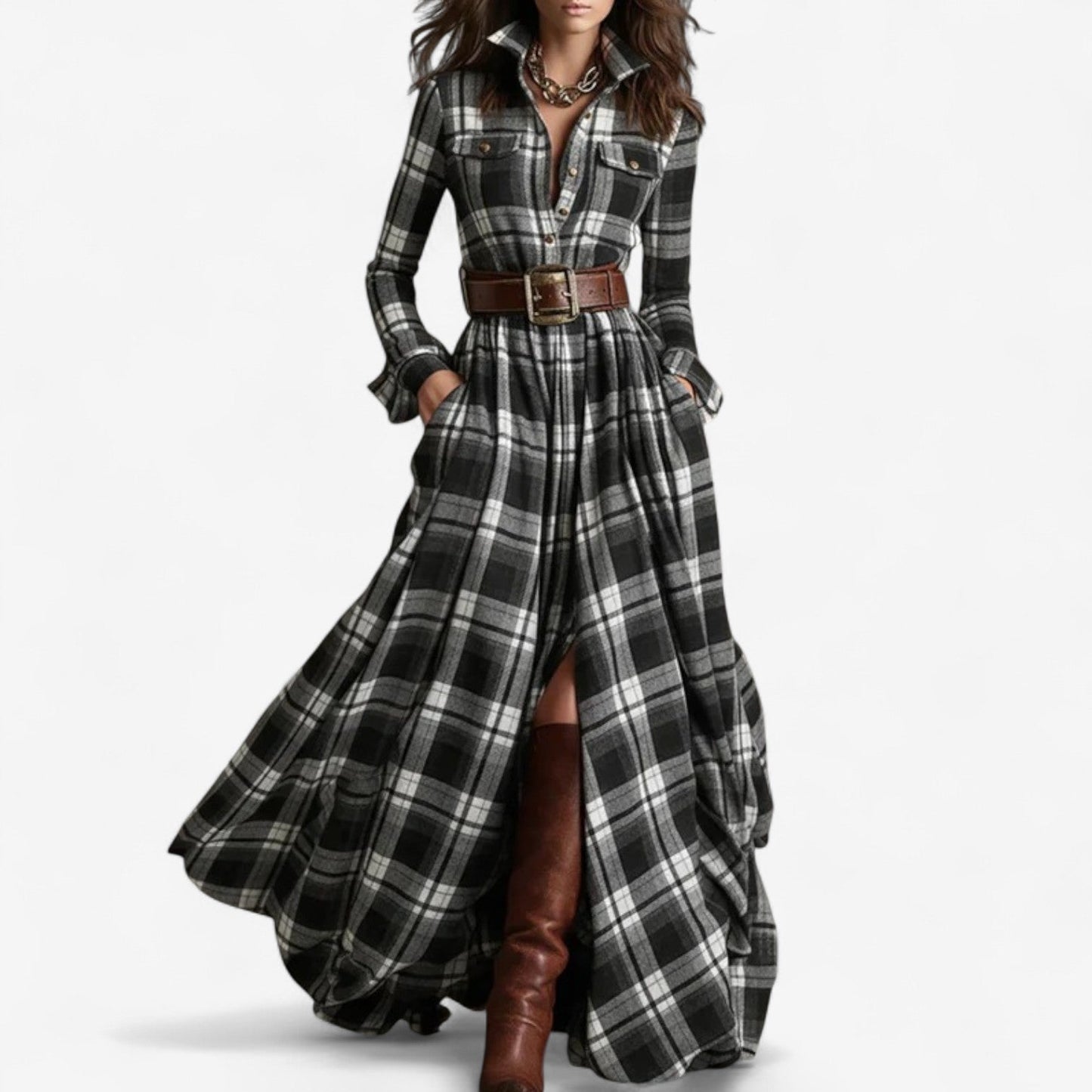 Elegant Plaid Maxi Dress for Women with Collar Long Sleeve Belted Button Front Flowing Style
