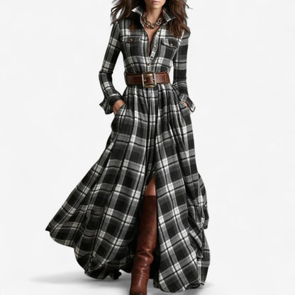 Elegant Plaid Maxi Dress for Women with Collar Long Sleeve Belted Button Front Flowing Style