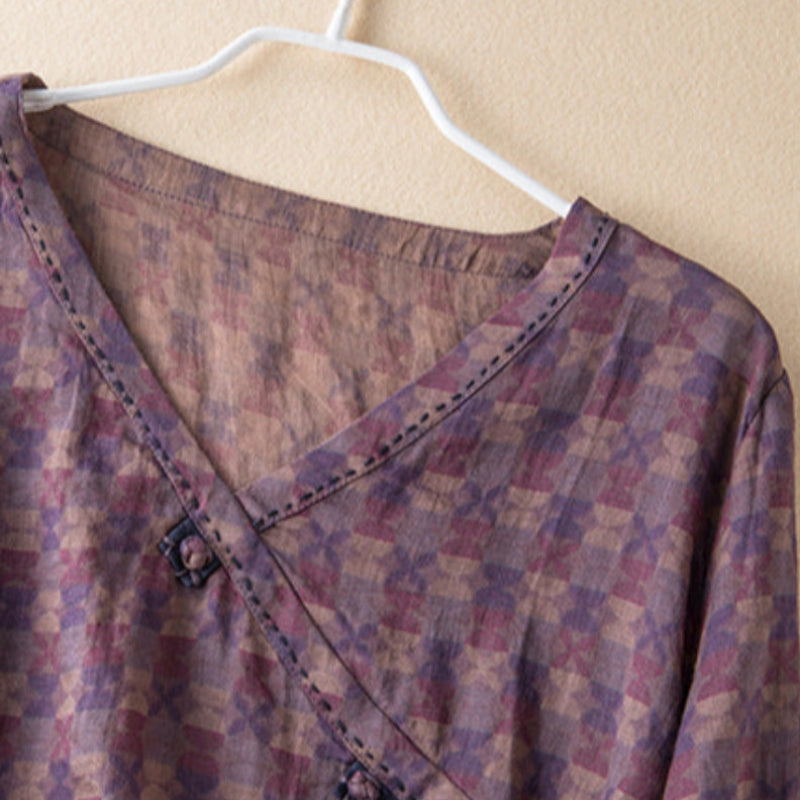 Effortless Printed Linen Blouse for Women with V Neck Bell Sleeve High Low Boho Style