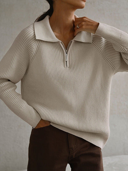 Comfortable Ribbed Sweater for Women with Collared Long Sleeve Half Zip Relaxed Oversized Knit Style