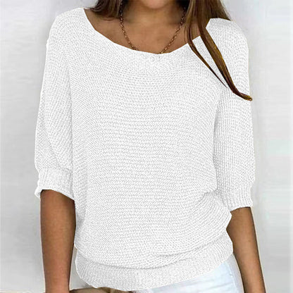 Comfortable Ribbed Knit Sweater for Women with Boat Neck Half Sleeve Batwing Relaxed Style