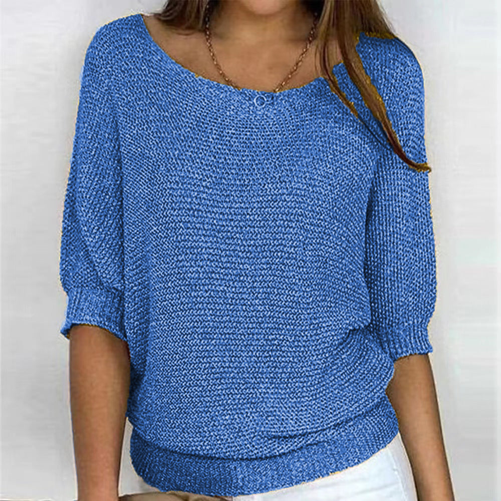 Comfortable Ribbed Knit Sweater for Women with Boat Neck Half Sleeve Batwing Relaxed Style