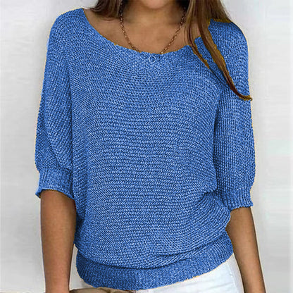 Comfortable Ribbed Knit Sweater for Women with Boat Neck Half Sleeve Batwing Relaxed Style
