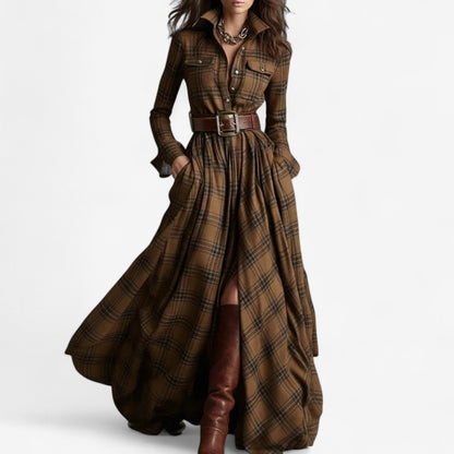 Elegant Plaid Maxi Dress for Women with Collar Long Sleeve Belted Button Front Flowing Style