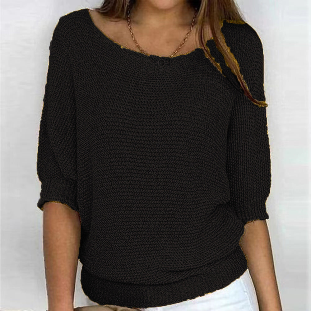Comfortable Ribbed Knit Sweater for Women with Boat Neck Half Sleeve Batwing Relaxed Style