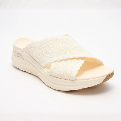 Comfortable Slide Sandals for Women with Knit Crossover Strap Cushioned Platform Sole