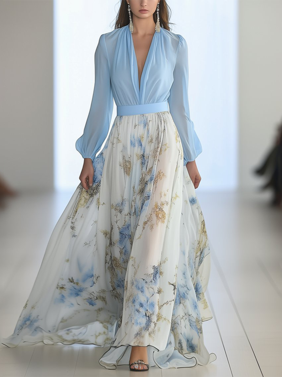 Elegant Blue Floral Maxi Dress for Women with V Neck Bishop Sleeve Flowing Wedding Guest Style