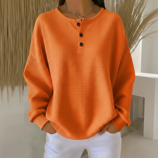 Comfortable Waffle Knit Henley Top for Women with Round Neck Long Sleeve Button Placket Relaxed Style