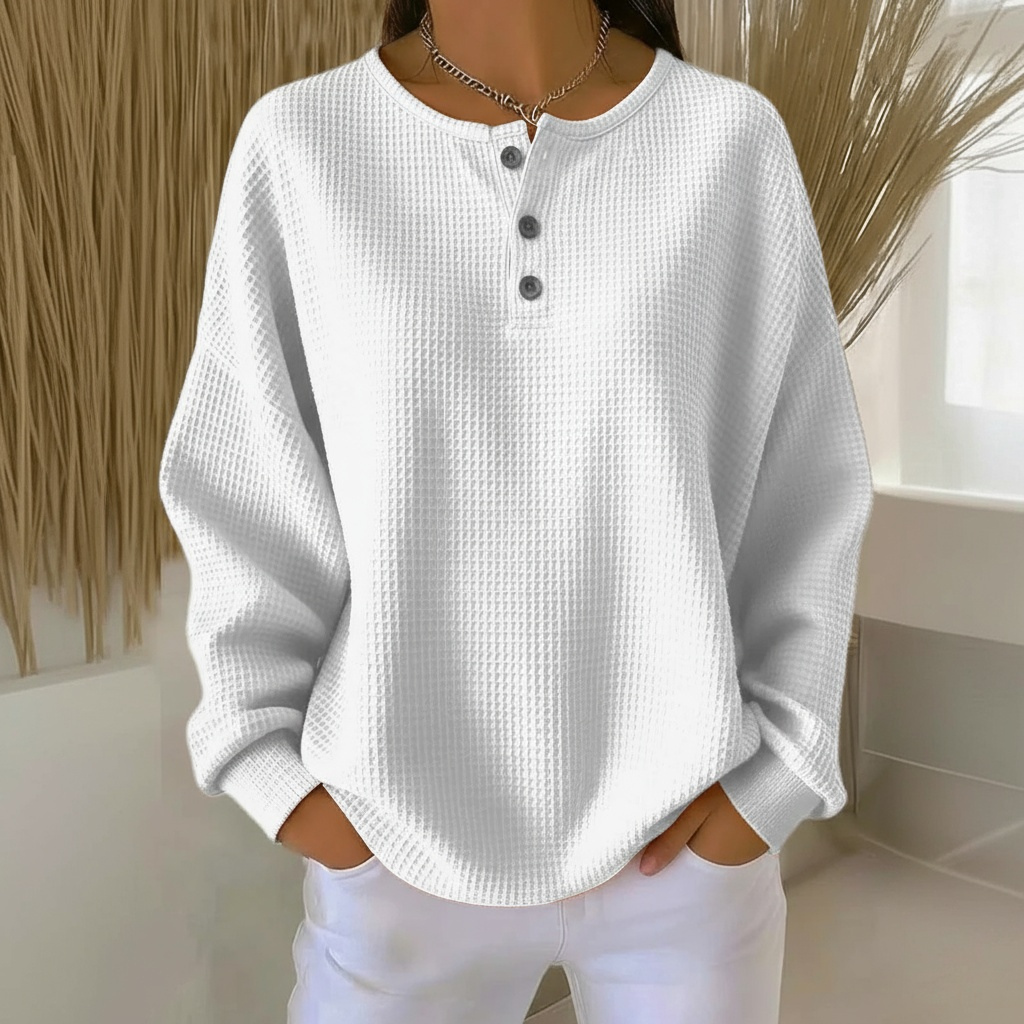 Comfortable Waffle Knit Henley Top for Women with Round Neck Long Sleeve Button Placket Relaxed Style