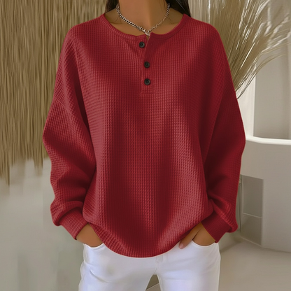 Comfortable Waffle Knit Henley Top for Women with Round Neck Long Sleeve Button Placket Relaxed Style