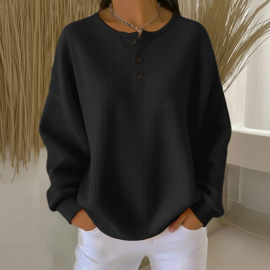 Comfortable Waffle Knit Henley Top for Women with Round Neck Long Sleeve Button Placket Relaxed Style