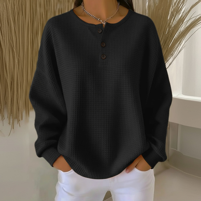Comfortable Waffle Knit Henley Top for Women with Round Neck Long Sleeve Button Placket Relaxed Style
