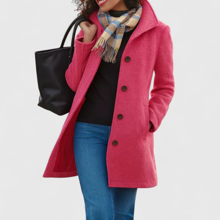 Elegant Wool Pea Coat for Women with Notch Collar Long Sleeve Button Front Longline Casual Style