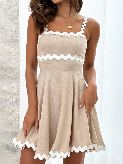Elegant Contrast Trim Linen Mini Dress for Women with Square Neck Sleeveless Fit and Flare Style