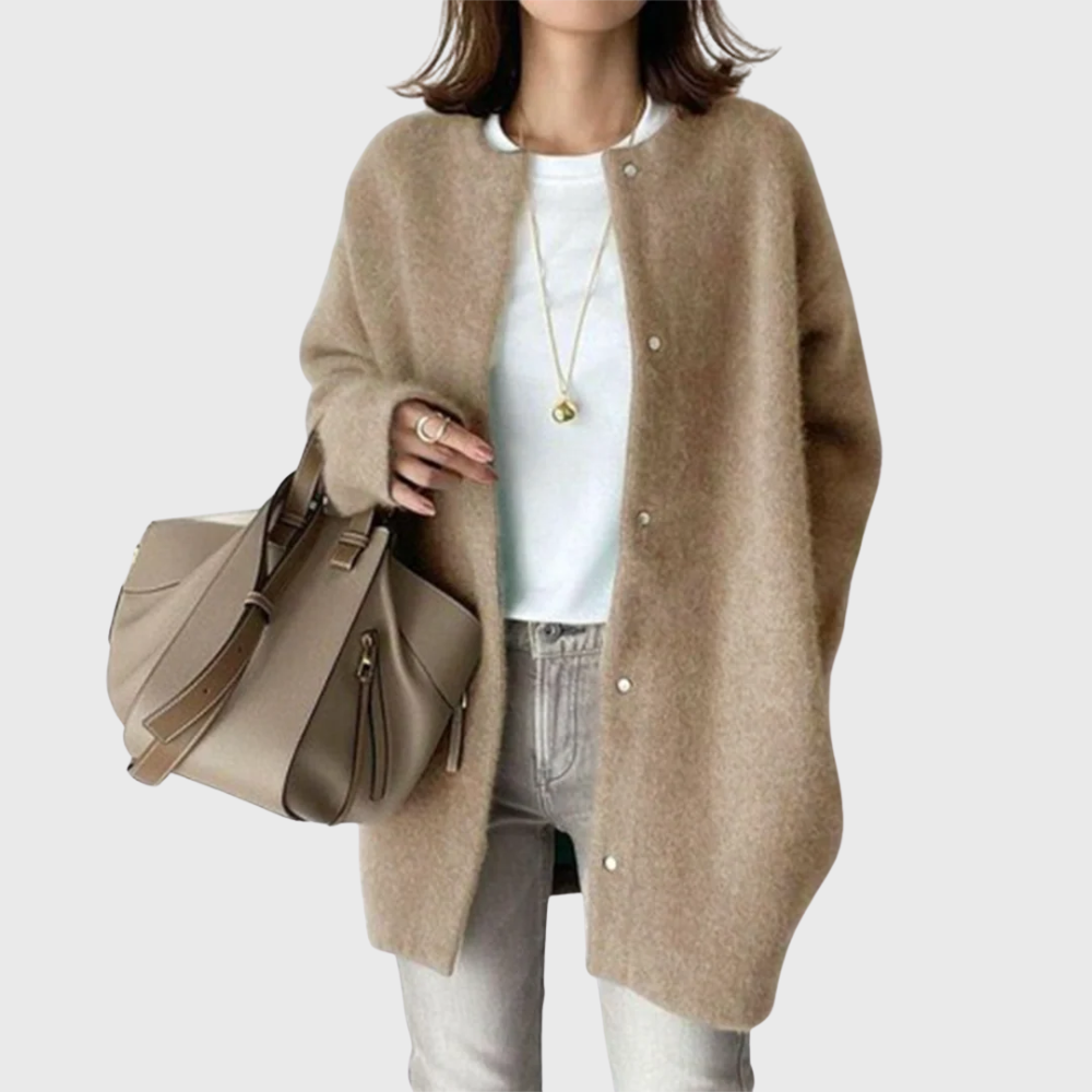 Comfortable Knit Cardigan Sweater for Women with Round Neck Long Sleeve Snap Button Oversized Casual Style