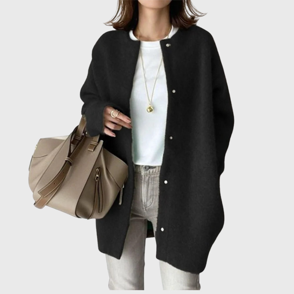 Comfortable Knit Cardigan Sweater for Women with Round Neck Long Sleeve Snap Button Oversized Casual Style