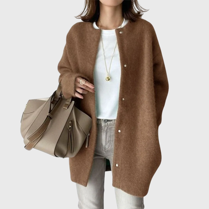 Comfortable Knit Cardigan Sweater for Women with Round Neck Long Sleeve Snap Button Oversized Casual Style