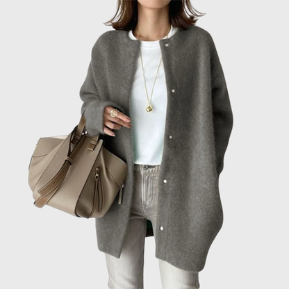Comfortable Knit Cardigan Sweater for Women with Round Neck Long Sleeve Snap Button Oversized Casual Style