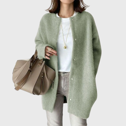 Comfortable Knit Cardigan Sweater for Women with Round Neck Long Sleeve Snap Button Oversized Casual Style