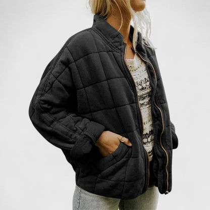 Effortless Quilted Bomber Jacket for Women with Stand Collar Long Sleeve Oversized Zip Front Casual Style