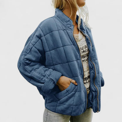 Effortless Quilted Bomber Jacket for Women with Stand Collar Long Sleeve Oversized Zip Front Casual Style