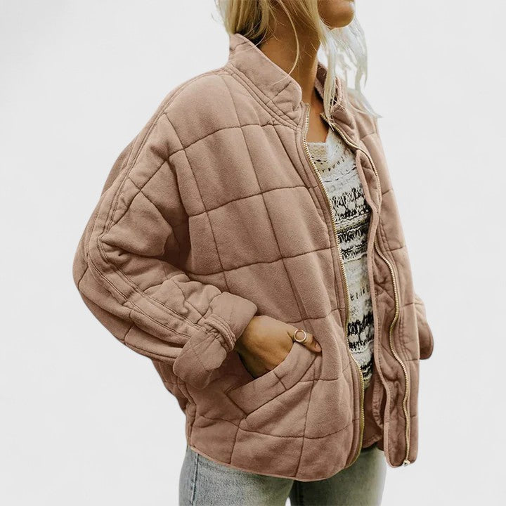 Effortless Quilted Bomber Jacket for Women with Stand Collar Long Sleeve Oversized Zip Front Casual Style