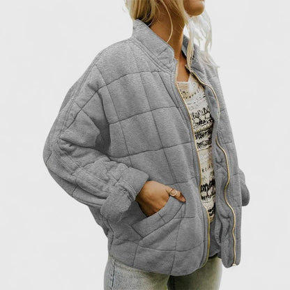 Effortless Quilted Bomber Jacket for Women with Stand Collar Long Sleeve Oversized Zip Front Casual Style