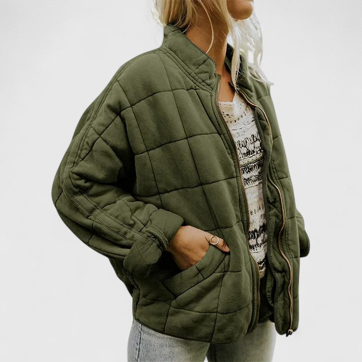 Effortless Quilted Bomber Jacket for Women with Stand Collar Long Sleeve Oversized Zip Front Casual Style