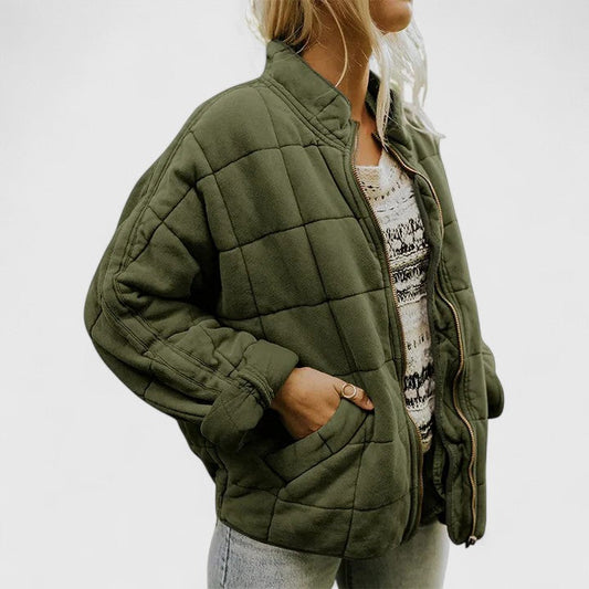 Effortless Quilted Bomber Jacket for Women with Stand Collar Long Sleeve Oversized Zip Front Casual Style