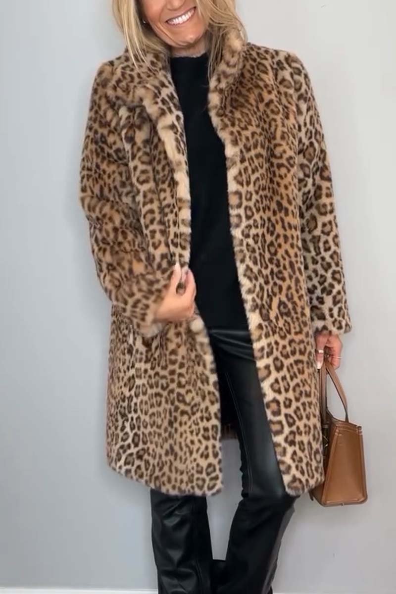 Elegant Leopard Print Faux Fur Coat for Women with Notch Collar Long Sleeve Longline Relaxed Style