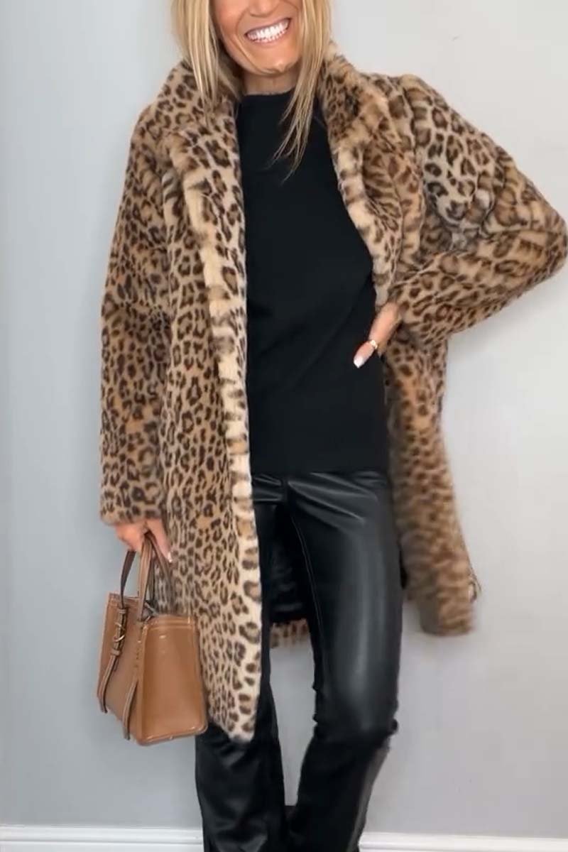Elegant Leopard Print Faux Fur Coat for Women with Notch Collar Long Sleeve Longline Relaxed Style