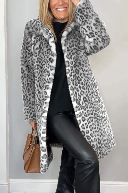 Elegant Leopard Print Faux Fur Coat for Women with Notch Collar Long Sleeve Longline Relaxed Style