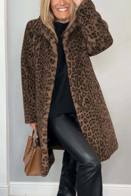 Elegant Leopard Print Faux Fur Coat for Women with Notch Collar Long Sleeve Longline Relaxed Style